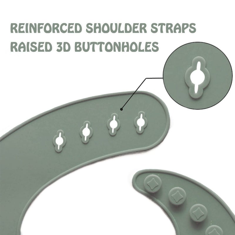 Ginbear Silicone Bibs for Babies, Waterproof Adjustable Silicon Rubber Baby Feeding Bibs with Food Catcher Pocket for Toddlers 6 Months+ (Dark Sage/Almond) - Image 3